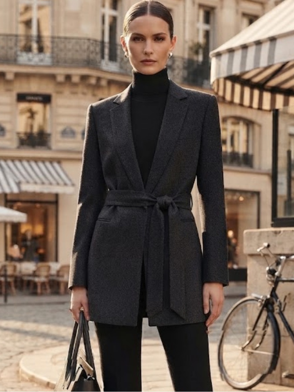 RENE LEZARD Textured Pinstriped Dark Gray Long Jacket with Tie Belt